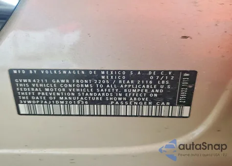 2013 Volkswagen Jetta Se from USA, damaged, VIN 3VWDP7AJ1DM201936